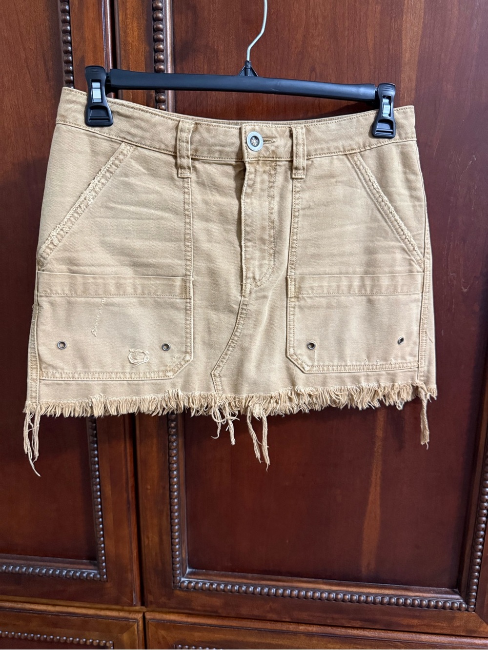 Free People Tan Frayed-Hem Mini Skirt with Patch Pockets